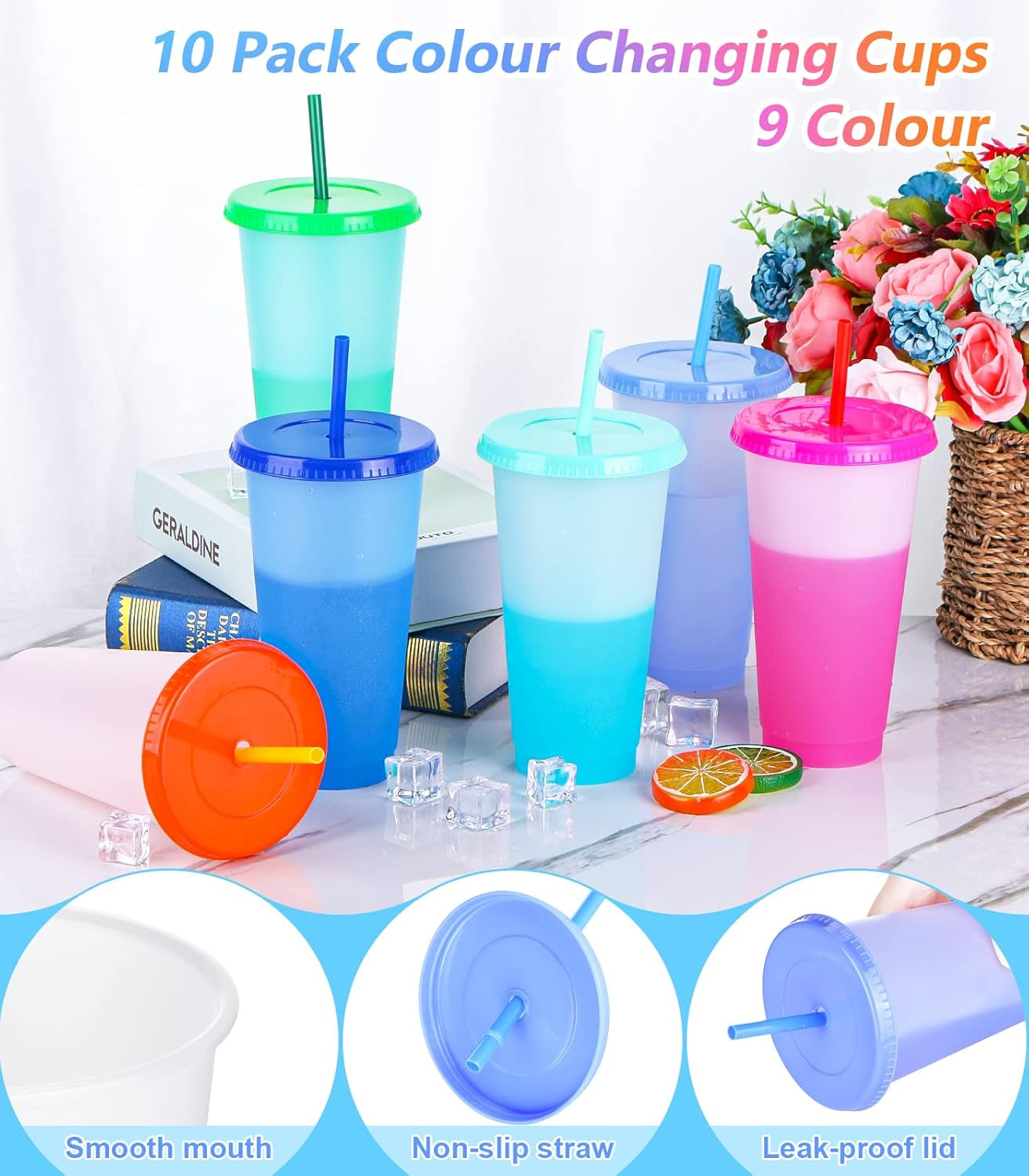 24Oz Colour Changing Cups with Lid & Straw - 10 Pcs Reusable Cold Cups, Plastic Tumblers Iced Coffee Cup Slushy Cup Drinking Cup Smoothie Cup Travel Cup with Straw for Party