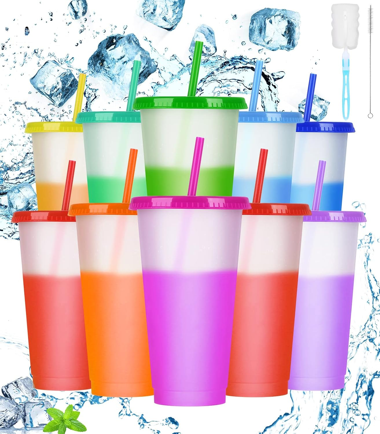 24Oz Colour Changing Cups with Lid & Straw - 10 Pcs Reusable Cold Cups, Plastic Tumblers Iced Coffee Cup Slushy Cup Drinking Cup Smoothie Cup Travel Cup with Straw for Party