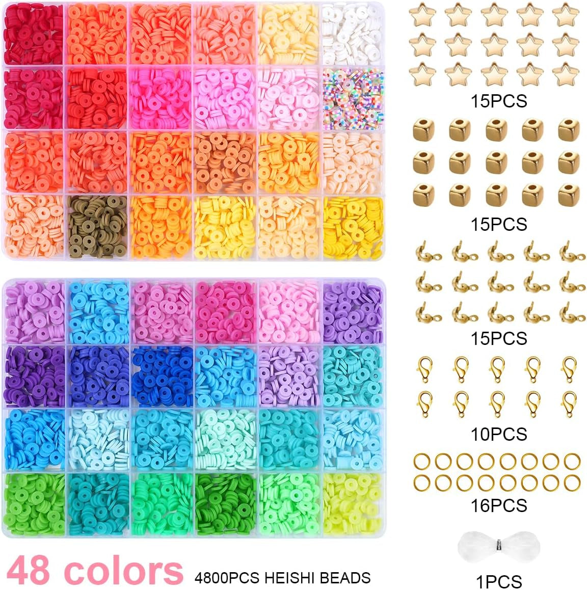 4800PCS Friendship Bracelet Making Kit, 48 Colors Colorful Flat Polymer Handmade Clay Beads with Charms Kit for Jewelry Making, DIY Arts and Crafts Birthday Gifts Toys for Kids