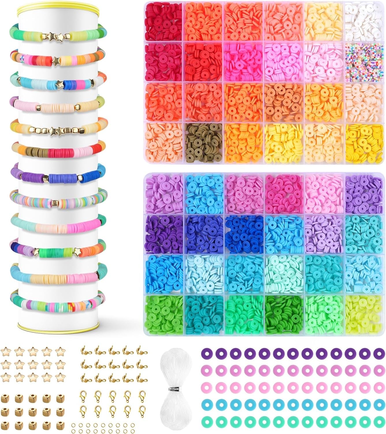 4800PCS Friendship Bracelet Making Kit, 48 Colors Colorful Flat Polymer Handmade Clay Beads with Charms Kit for Jewelry Making, DIY Arts and Crafts Birthday Gifts Toys for Kids