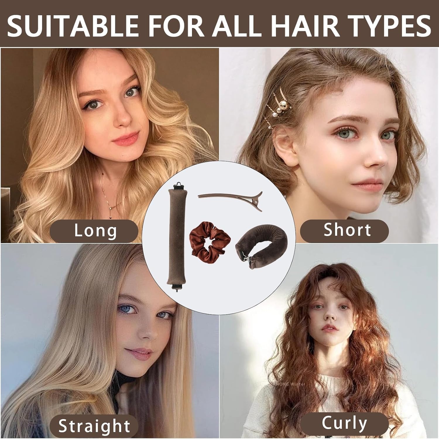 3Pcs Lazy Curlers DIY Hair Styling Tool, Dark Brown Soft Long Hair Fabric Curling Rod, Overnight Women Hair Styling Tools, Heatless Curling Hair Tie and Clip Set, All Types Hair Curling Rod Long Hair