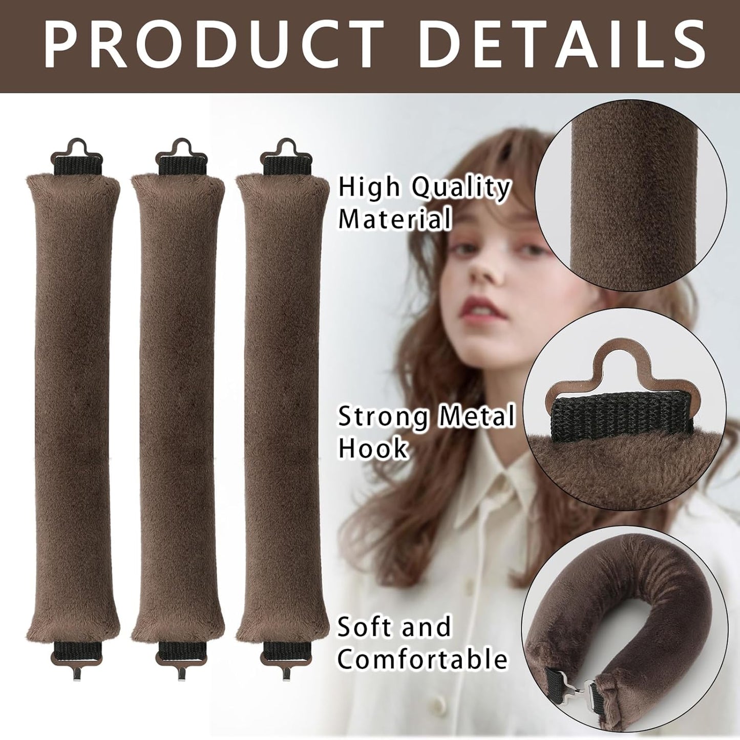 3Pcs Lazy Curlers DIY Hair Styling Tool, Dark Brown Soft Long Hair Fabric Curling Rod, Overnight Women Hair Styling Tools, Heatless Curling Hair Tie and Clip Set, All Types Hair Curling Rod Long Hair